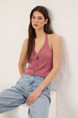 Trendyolmilla Gul Kurusu Crop Pamuklu Boyundan Baglamal? Triko Ince Bluz TWOSS25BZ00361