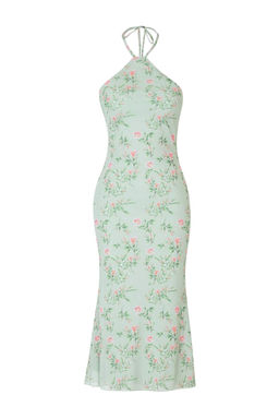 Mint Cicekli Bal?k Boyundan Baglamal? Kolsuz Midi Tul Astarl? Orme Elbise TWOSS26EL00480
