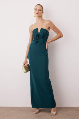 TRENDYOLMILLA K?rm?z? Fiyonk Detayl? Dokuma Uzun S?k Abiye Elbise TPRSS24AE00073  фото 7