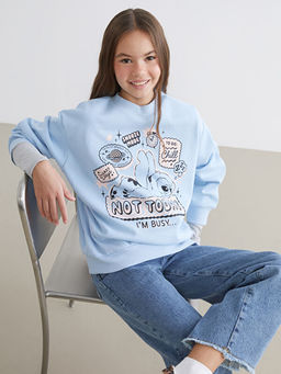 Bisiklet Yaka Stitch Bask?l? K?z ?ocuk Sweatshirt