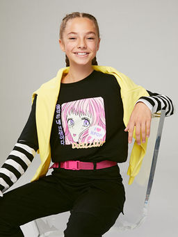 Bisiklet Yaka K-Pop Bask?l? Uzun Kollu K?z ?ocuk Ti??rt