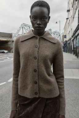 FAUX FUR LAPEL KNIT CARDIGAN