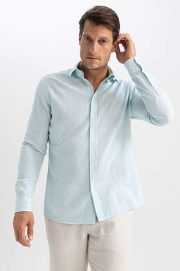 Рубашка с длинными рукавами и воротником-поло Modern Fit из смесового льна - Defacto фото 4