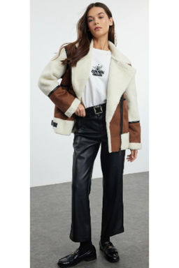 Kahverengi Regular Kal?p Pelus Detayl? Kemerli Biker Ceket Mont TWOAW25MO00049 - Trendyolmilla фото 8