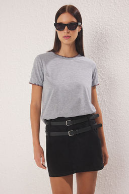 Gri Melanj Kroseta Dikis Detayl? Regular/Normal Kal?p Orme T-Shirt TWOSS19AD0085