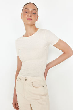 Ekru Ketenli Fitted/Vucuda Oturan Fitilli Esnek Orme Bluz TWOSS24BZ00566 - Trendyolmilla фото 3