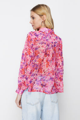 Pembe Balon Kol Cicek Desenli Sifon Kumas Oversize Genis Kal?p Dokuma Gomlek TWOSS24GO00003