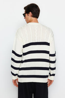 TRENDYOL MAN Ekru Casual Unisex Oversize Fit Genis Kal?p Sac Orgu Cizgili Tuylenmeyen Triko Kazak TMNAW24KZ00002 - Trendyolmilla фото 5