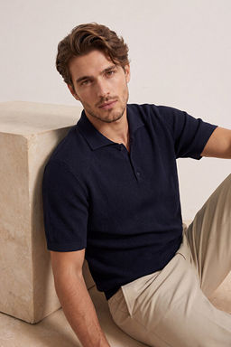 Lacivert Regular Kesim Dokulu Triko Polo Yaka T-shirt TMNSS26PO00023