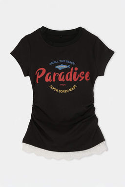 Siyah Slogan Fitted Dik Yaka Standart Kol K_sa Crop Yumu_ak _rme T-Shirt TWOSS26TS00355 - Trendyolmilla фото 3