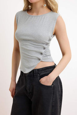 Gri Melanj Fitted/Vucuda Oturan Kay?k Yaka Dugmeli Crop Yumusak Orme Bluz TWOSS26BZ00153 - Trendyolmilla фото 3