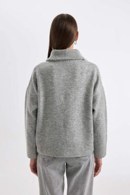 Трикотажный свитер оверсайз с воротником поло и полумолнией - Defacto фото 6