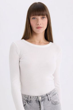Slim Fit Dar Kesim Bisiklet Yaka Basic Duz Fitilli Kaskorse Uzun Kollu Tisort