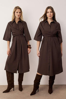 Vucut Secmeyen Koyu Kahverengi Bel Kusak Detayl? Dokuma Elbise TWOAW26EL00243
