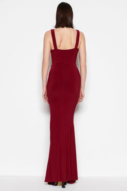 TRENDYOLMILLA Bordo Vucuda Oturan Astarl? Volanl? Orme Uzun S?k Abiye Elbise TPRSS19UT0026  фото 6