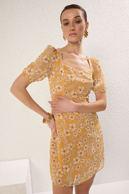Hardal Cicek Desenli Mini Sifon Astarl? Dokuma Elbise TWOSS22EL2168