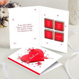 Открытка 4 шоколадки "Люблю (большое сердце с ангелами)"