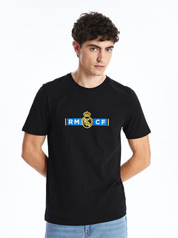 Bisiklet Yaka K?sa Kollu Real Madrid Bask?l? Erkek Taraftar Ti??rt