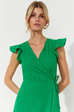 Kiremit Kruvaze F?rf?r Detayl? Keten Gorunumlu Midi Dokuma Elbise TWOSS24EL00071 - Trendyolmilla фото 11