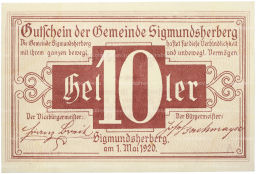 Банкнота 10 геллеров 1920 года Австрия община Зигмундсхерберг (Нотгельд)