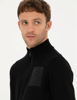 Siyah Slim Fit Fermuarl_ Dik Yaka Triko Kazak