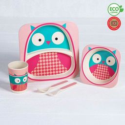 Набор детской посуды из бамбука Совушка, 5 предметов: тарелка, миска, стакан, столовые приборы