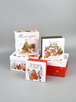 Коробки подарочные новогодние набор 5 в 1 «Уютный Новый год», 14×14×8–22×22×12 см