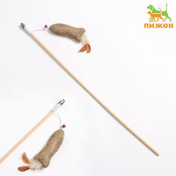 Дразнилка - удочка из эко-материалов Рыбка с кошачьей мятой и перьями на деревянной палочкой 91570