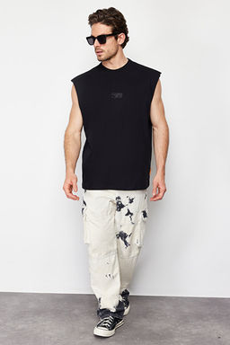 Siyah Oversize/Geni_ Kesim Kabar_k Yaz_ Bask_l_ Etiketli T-Shirt/Atlet TMNSS24AL00005
