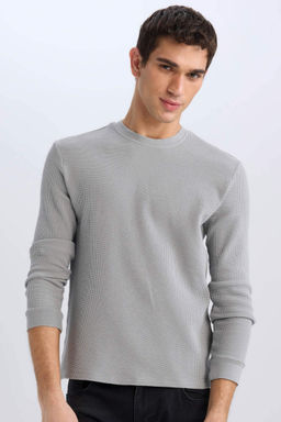 Regular Fit Bisiklet Yaka Uzun Kollu Waffle Tisort - Defacto фото 4