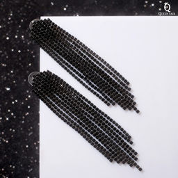 Серьги висячие со стразами Водопад домик, чёрные в сером металле,10 см - Qf фото 2