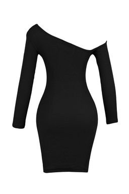 Siyah Vucuda Oturan Asimetrik Yaka Omzu Ac?k Mini Fitilli Esnek Orme Kalem Elbise TWOAW23EL00118