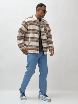 Куртка рубашка шерстяная в клетку мужская демисезонная коричневого цвета 58565K