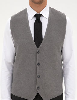 Gri Melanj Slim Fit V Yaka Triko Yelek