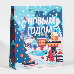 Пакет подарочный новогодний ламинированный «Зима в городе», M 26 х 30 х 9 см