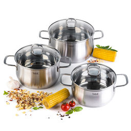 Набор кастрюль из нержавеющей стали Бригг 3 штуки: 2,2л - д18см, h9см, 3,2л - д20см, h10,5см, 5,2л - д24см, h11,5см, s0,5мм, дно s2,7мм, полировка матовая снаружи, зеркальная внутри, стеклянная жаропрочная крышка, стальной обод, пароотвод, ручки с