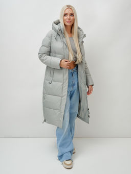 Пальто утепленное стеганное зимнее с капюшоном женское зеленого цвета 9608Z