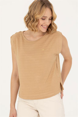 Женская футболка светло-коричневого цвета с круглым вырезом Неожиданная скидка в корзине