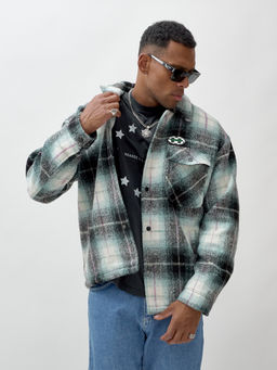 Куртка рубашка шерстяная в клетку мужская демисезонная зеленого цвета 58592Z