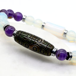 Браслет Дзи "Пятнадцать глаз" агат 10*29мм из аметиста и лунного камня шарик 8мм, 18см Радуга камня