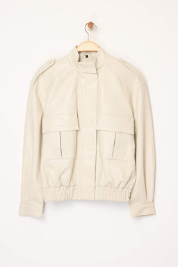 Ekru Oversize Kal?p Suni Deri Bomber Ince Ceket Mont TWOAW26MO00001