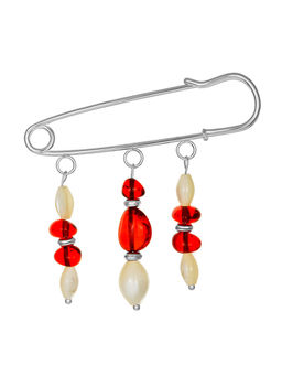 Булавка-брошь с натуральным янтарём алого оттенка и бусинами