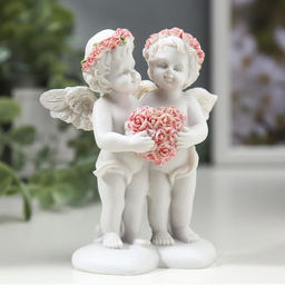 Фигурка полистоун Ангелочки в розовых веночках с сердцем из роз, 10?8.5?5.5 см