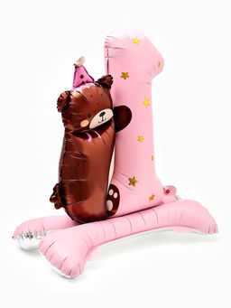 Цена за 2 шт. Воздушный шар фольгированный 32" "Цифра 1 с мишкой"  цвет розовый, под воздух