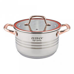 Zeidan Кастрюля из нержавеющей стали 2,1л, д16см, стеклянная крышка с декоративным кантом, ручки под золото, 5-ти степовое капсулированное индукционное дно, мерная шкала, подарочная упаковка (Китай) Подходит для индукционных плит.