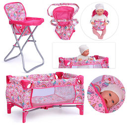 Набор аксессуаров для кукол (стульчик для кормления, манеж, переноска, сумка) единорожка в пакете