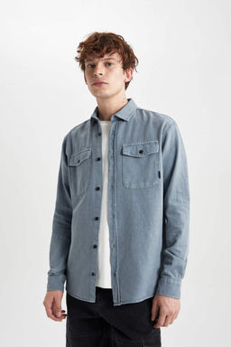 Хлопковая куртка-рубашка стандартного кроя с длинными рукавами - Defacto фото 3