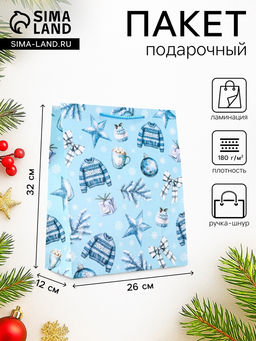 Цена за 2 шт. Пакет подарочный новогодний ламинированный, «Новогодние игрушки », 26×12×32 см