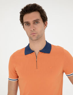 Turuncu Slim Fit Fermuarl_ Polo Yaka Triko T-shirt