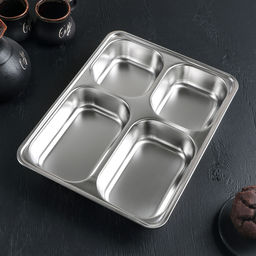 Поднос глубокий из нержавеющей стали, 4 секции, 28×22×4.5 см, 420 мл/280 мл